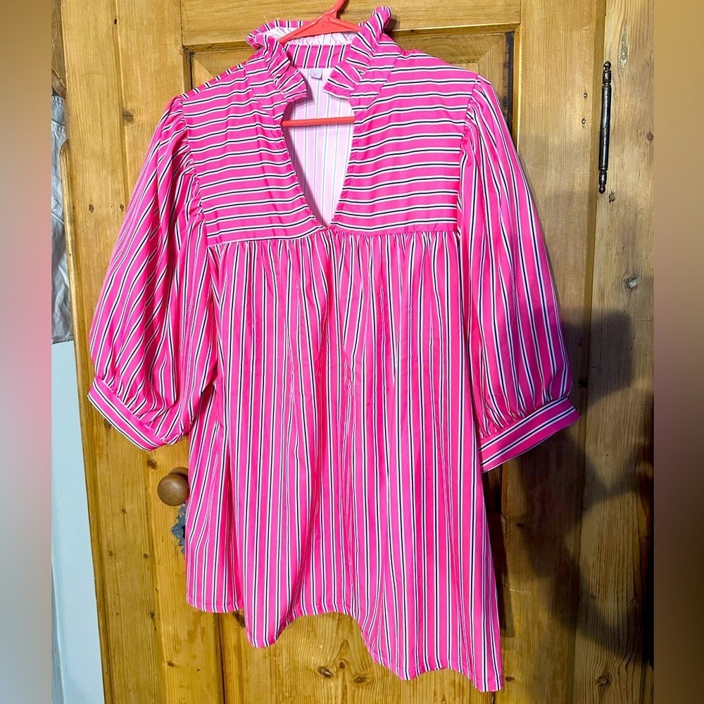 Pink Striped Ruffle-Neck Blouse - Women Tops